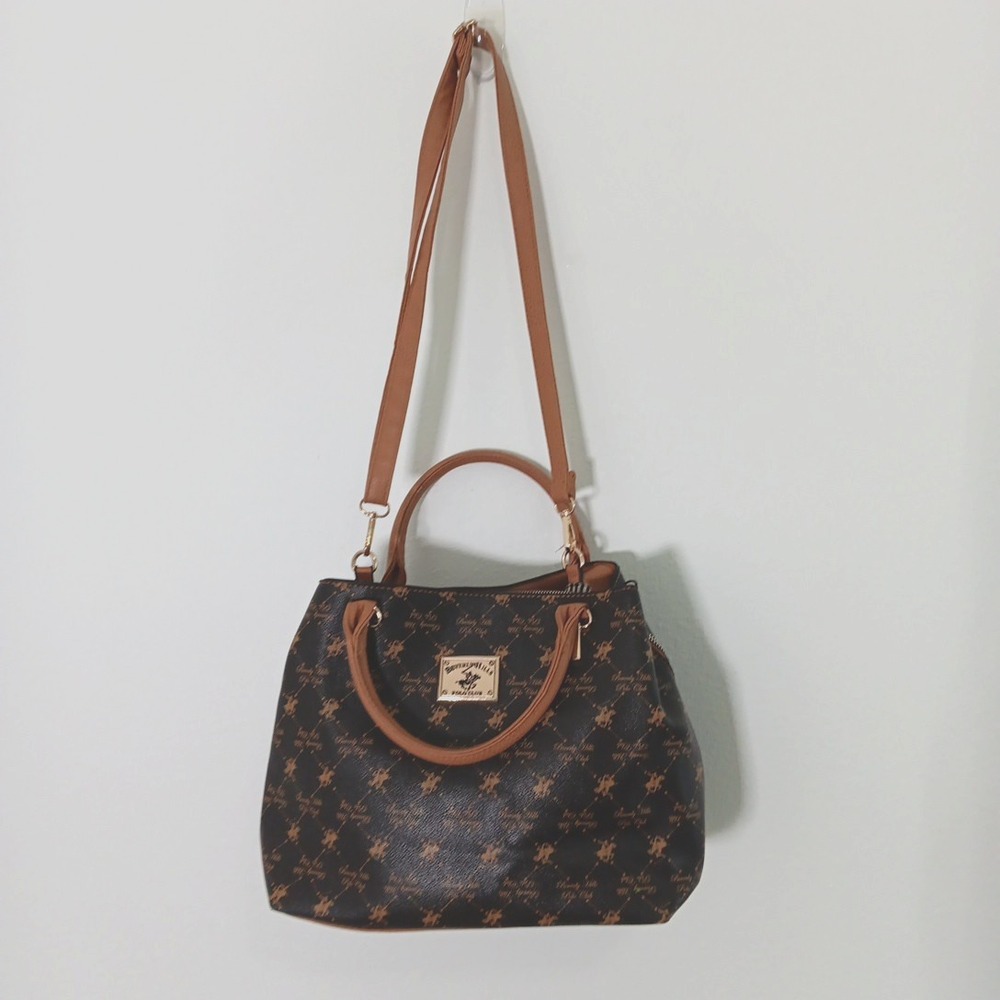 Beverly Hills Polo Crossbody Handbag Brown Tan Faux Leather Preppy Countryside - Picture 1 of 15